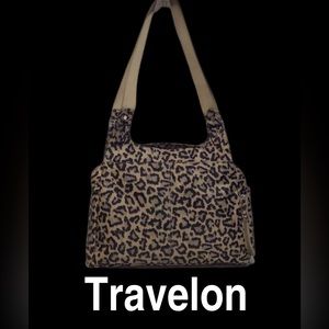 Travelon Leopard Print Shoulder Bag, Polyester, Water Bottle Side Pocket, RFID